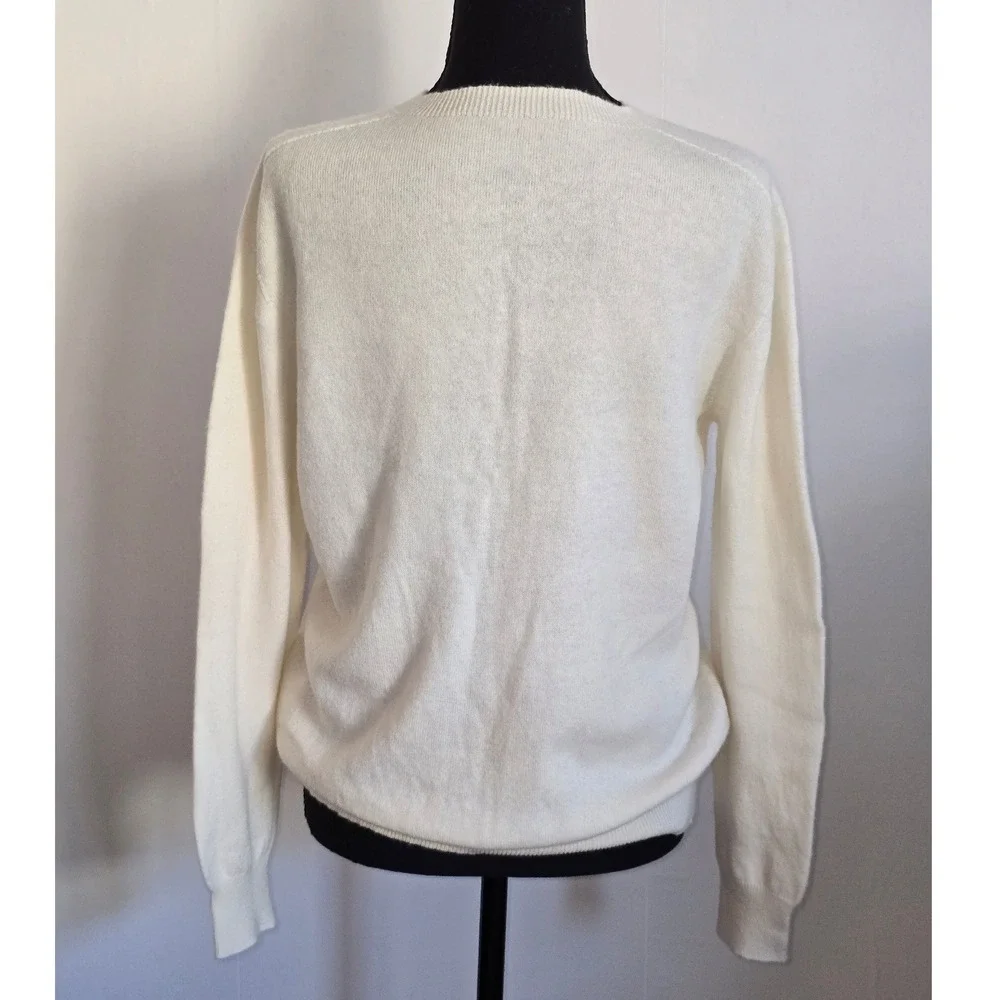 Women's 100% Wool Sweater Cream Crewneck quiet luxury classic preppy - Picture 5 of 9